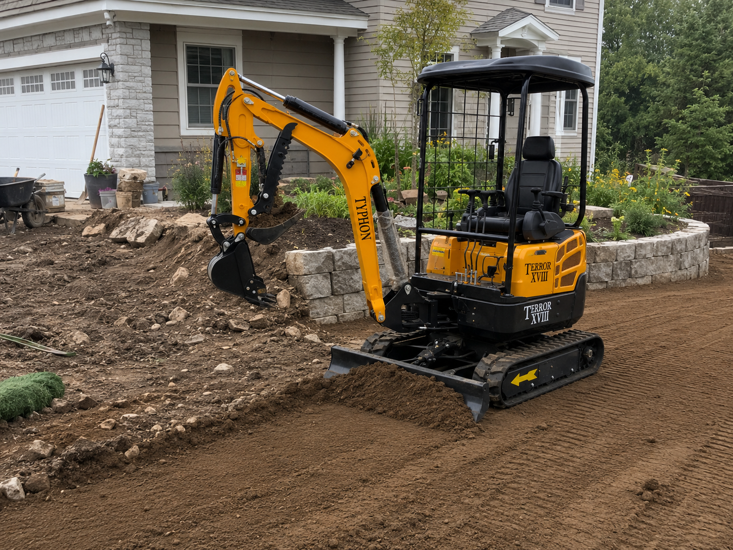 TYPHON TERROR XVIII mini excavator grading soil in a suburban yard