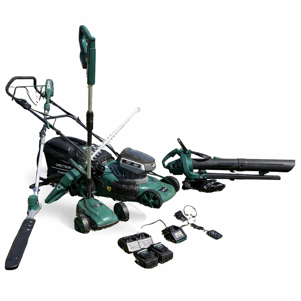 Spectrum 5-Piece Cordless Garden Tool Kit — Self-Propelled Mower, Hedge Trimmer, Pole Trimmer, Handy Mower & Blower Vac