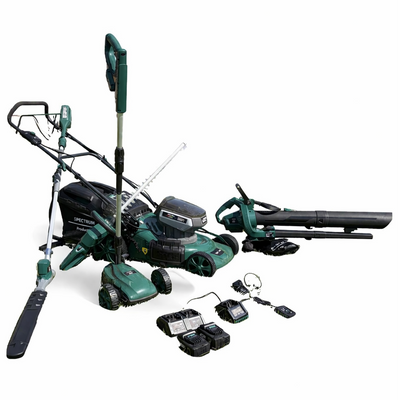 Spectrum 5-Piece Cordless Garden Tool Kit — Self-Propelled Mower, Hedge Trimmer, Pole Trimmer, Handy Mower & Blower Vac