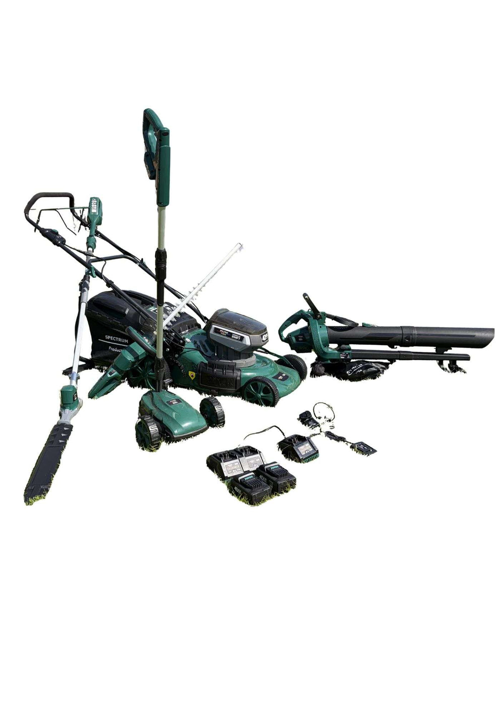 Spectrum 5-Piece Cordless Garden Tool Kit — Self-Propelled Mower, Hedge Trimmer, Pole Trimmer, Handy Mower & Blower Vac
